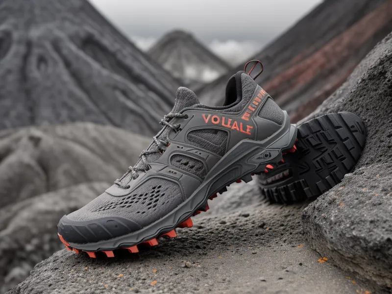 Zapatillas de trail running cubiertas de ceniza volcánica en una subida empinada del sendero Pondoa