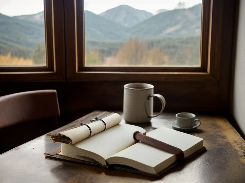 Cuaderno de entrenamiento mental y café junto a una ventana con vista a la montaña, símbolo de bienestar amateur