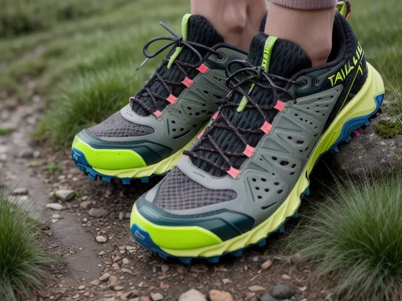 Zapatillas de trail running sobre sendero volcánico húmedo cerca de la Laguna de Pisayambo, Tungurahua