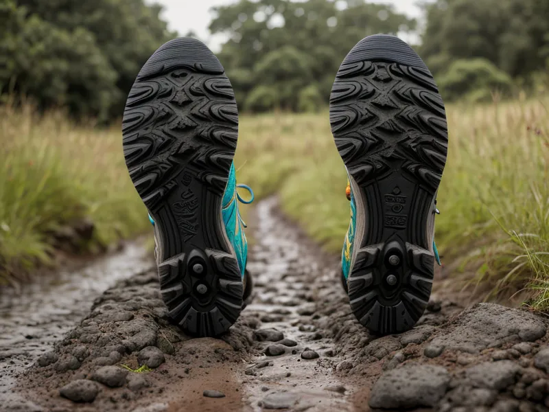Zapatillas de trail running Ecuador cubiertas de lodo volcánico, parte del entrenamiento mental para deportistas de montaña