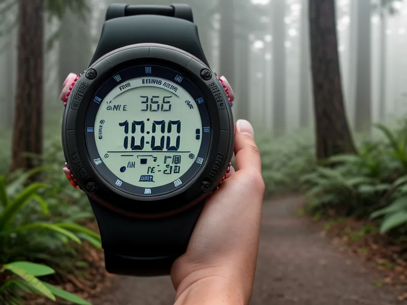 Reloj deportivo marcando la distancia en una ruta de montaña neblinosa, símbolo de la resistencia mental en el trail running
