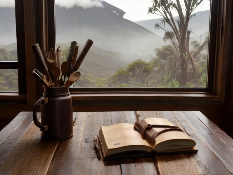 Taza de café y reloj deportivo sobre una mesa de madera al amanecer, rutina de una corredora de trail running en Ambato