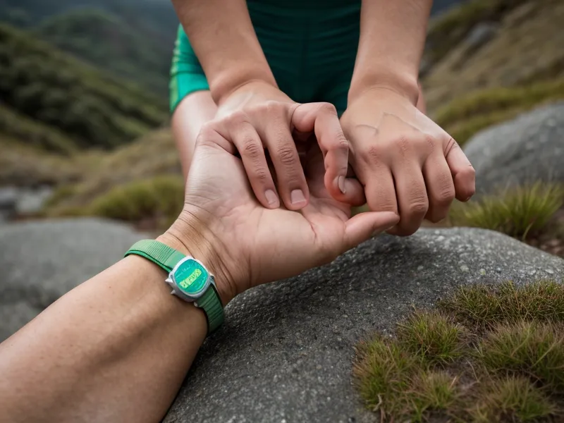 Primer plano de una mano sosteniendo un sobre de gel energético en la montaña, uno de los errores de nutrición deportiva frecuentes en corredores de montaña aficionados
