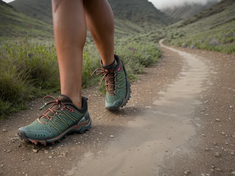 Zapatillas de trail running sobre un sendero de montaña con vista al valle de Ambato, parte del entrenamiento amateur diario